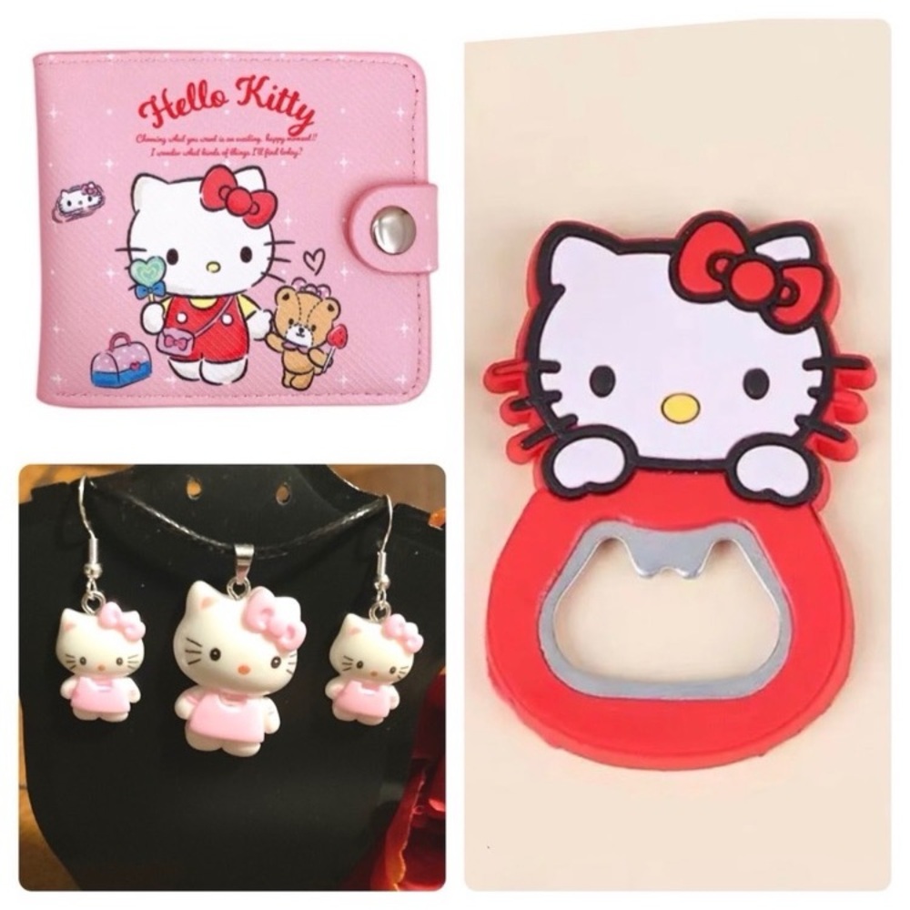 Hello Kitty Wallet with Handmade Necklace & Earrings  & Bottle Opener Combo Set